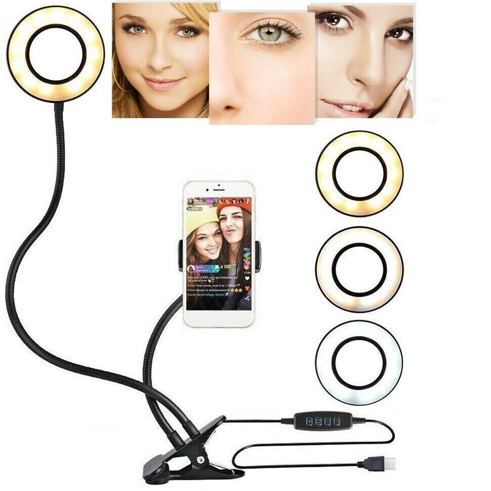 12w Led Ring Fill Light 3 Adjustable Levels Mobile Phone Bracket Desktop Clip Light For Selfie Beauty black