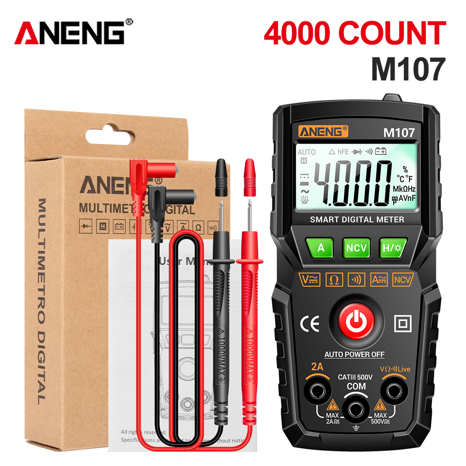 ANENG M107 Digital Multimeter 0-500V 0-2A 4000 Counts Lcd Backlit Tester