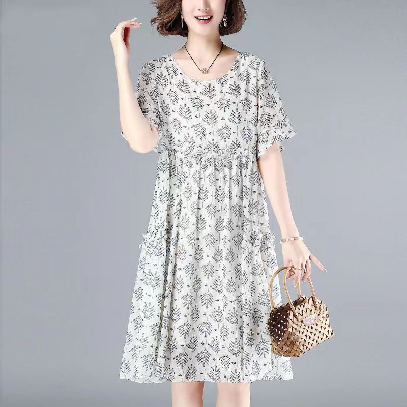 Women Short Sleeves Dress Fashion Elegant V-neck Leaves Printing A-line Skirt Casual Loose Pullover Dress beige M
