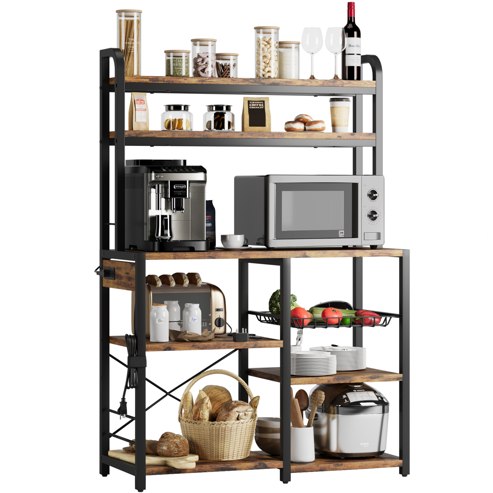 US GARVEE Bakers Rack with Power Outlet, Coffee Bar with Wire Drawer, Microwave Stand, Kitchen Buffet Table with Large Storage, 6-Tier Kitchen Storage Rack with Hutch for Dining, Living Room, Brown