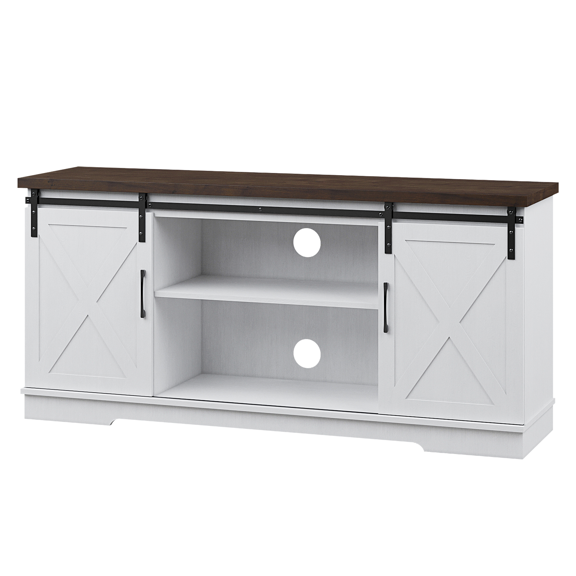 US GARVEE 59 inch Farmhouse TV Stand, Cabinet with Barn Doors, Wood Media Console for Living Bedroom, 250 lbs Capacity, White