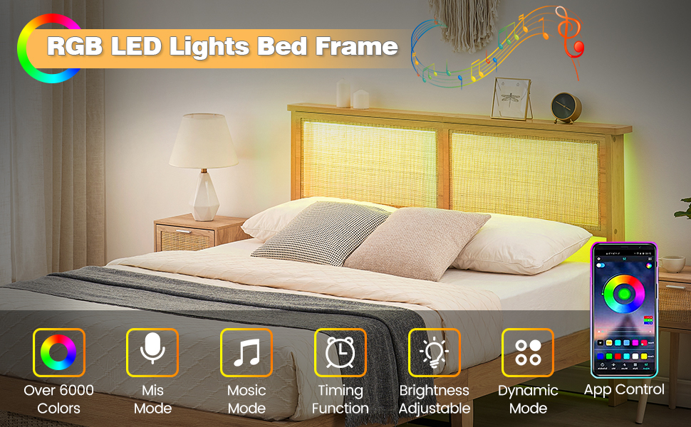 US GARVEE Queen Bed Frame with LED Lights, Curved Rattan Headboard, Wooden Support Legs, No Box Spring Needed, Easy Assembly