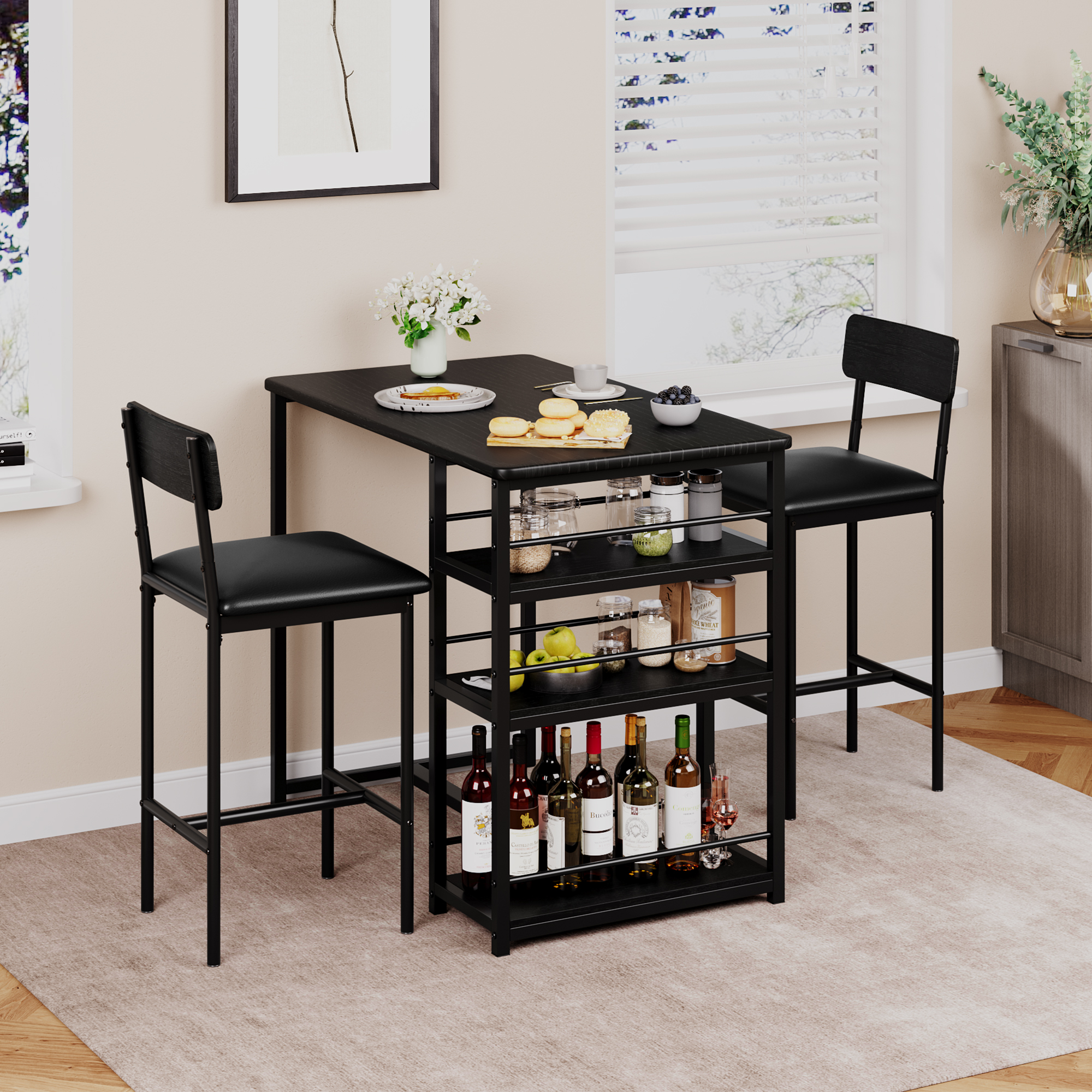US GARVEE Dining Table Set for 2, Bar Height, Upholstered Chairs, MDF Board & Steel, 3 Storage Shelves, Small Space Solution, Black