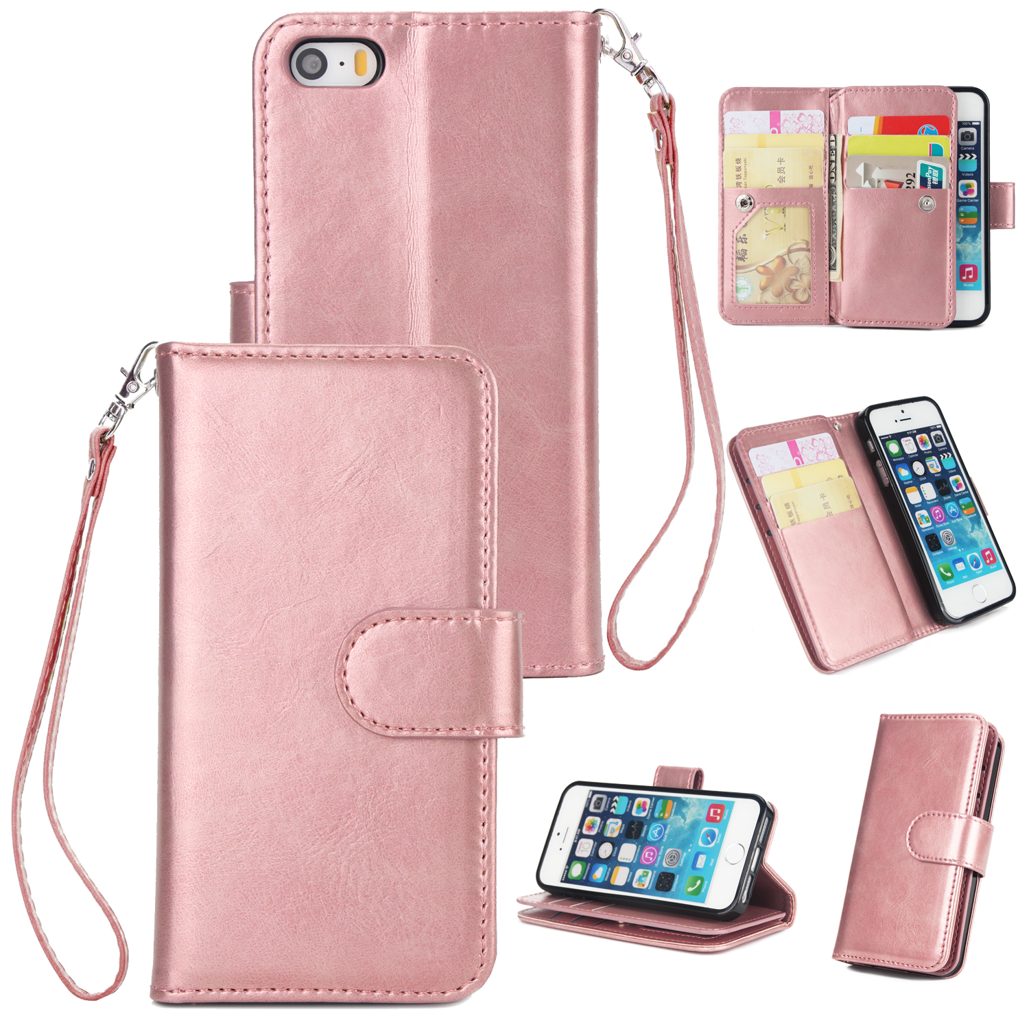For iPhone 5/5S/SE PU Cell Phone Case Protective Leather Cover with Buckle & 9 Card Position & Lanyard & Bracket Rose gold
