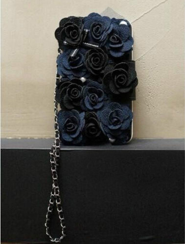 Luxury Rose Bling Pearl Flower Flip Leather Wallet Card Holder Purse Case Cover Black for iphone 5 and 5S