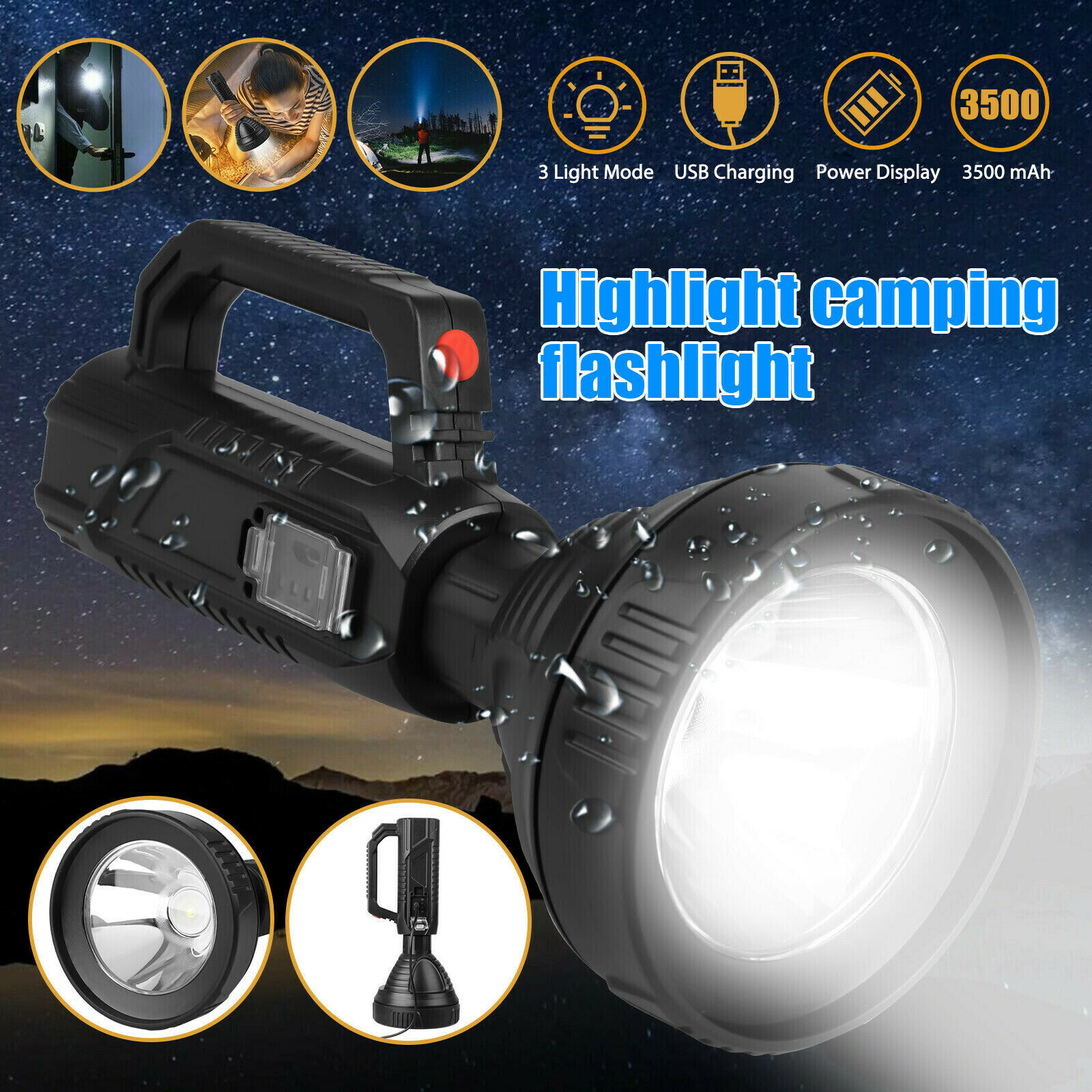Super Bright LED Searchlight Handheld 3 Modes Spotlight Rechargeable Flashlight 