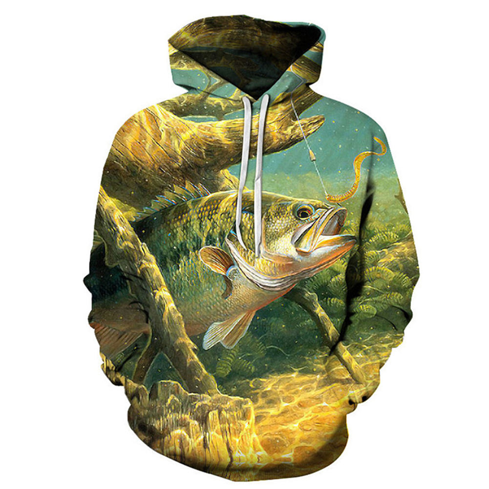 Women Men Loose 3D Underwater World Fish Printing Hooded Jacket Pullover  Photo Color_M