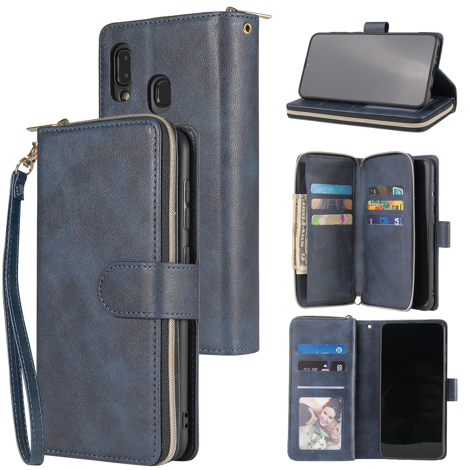 For Samsung A10/A20/A30/A50/A30S/A50S Pu Leather Mobile Phone Cover Zipper Card Bag + Wrist Strap blue