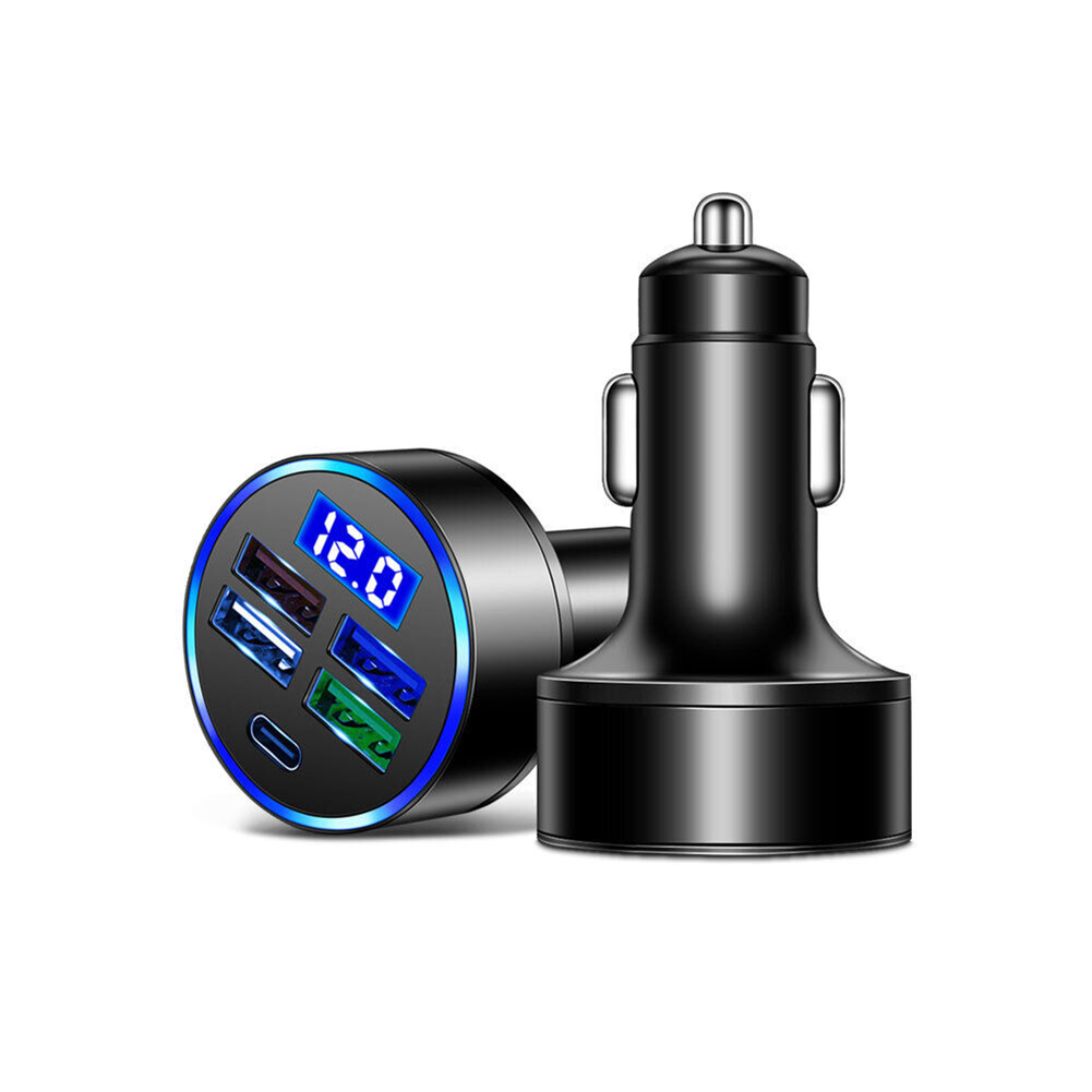 5-in-1 Charger 4 USB Port Type-c Fast Car Charger Led Digital Display Black