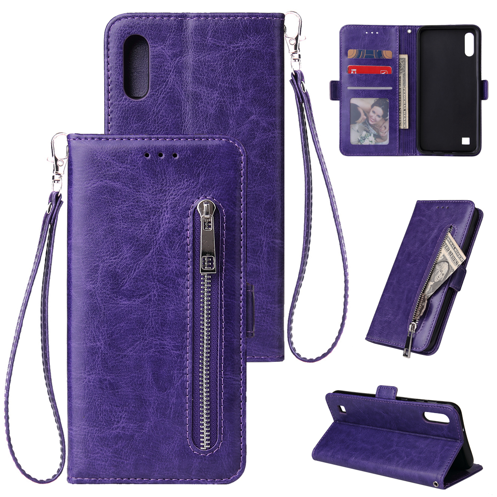 For Samsung A10 Solid Color PU Leather Zipper Wallet Double Buckle Protective Case with Stand & Lanyard purple