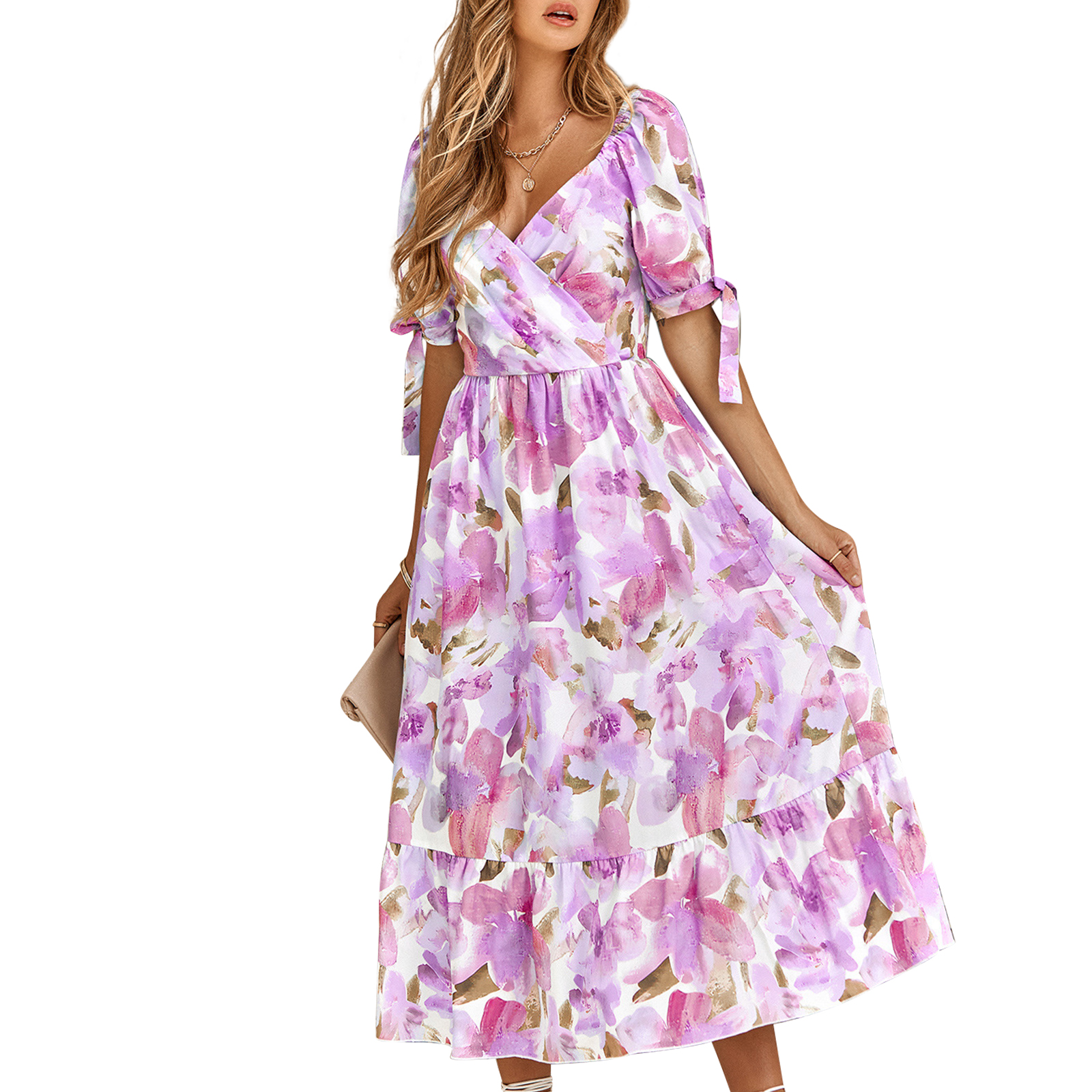 Women Puff Sleeve Dress Summer V-neck Sweet Printing A-line Skirt Elegant Casual Midi Skirt For Party Beach Purple L
