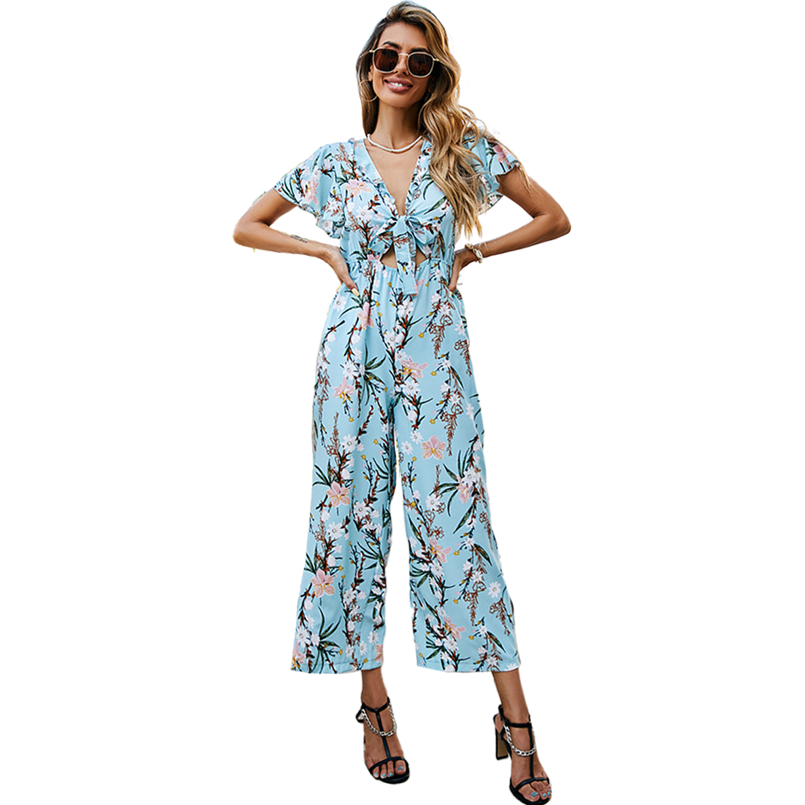 Women Short Sleeve Jumpsuit Summer High Waist Wide Leg Pants Romper Casual Floral Printing Lace-up Jumpsuit light blue M