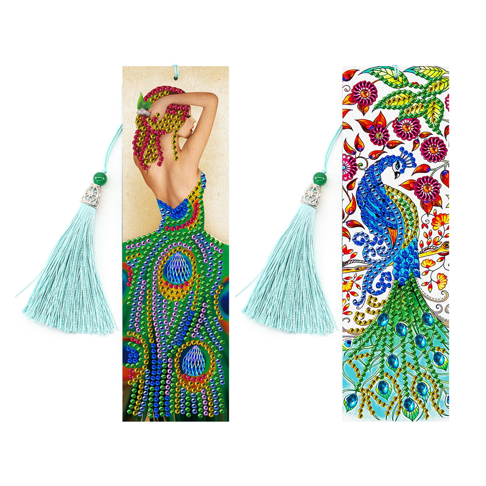 2Pcs 5D Diamond Painting Leather Bookmark Tassel Book Marks Special Shaped Diamond Embroidery peacock