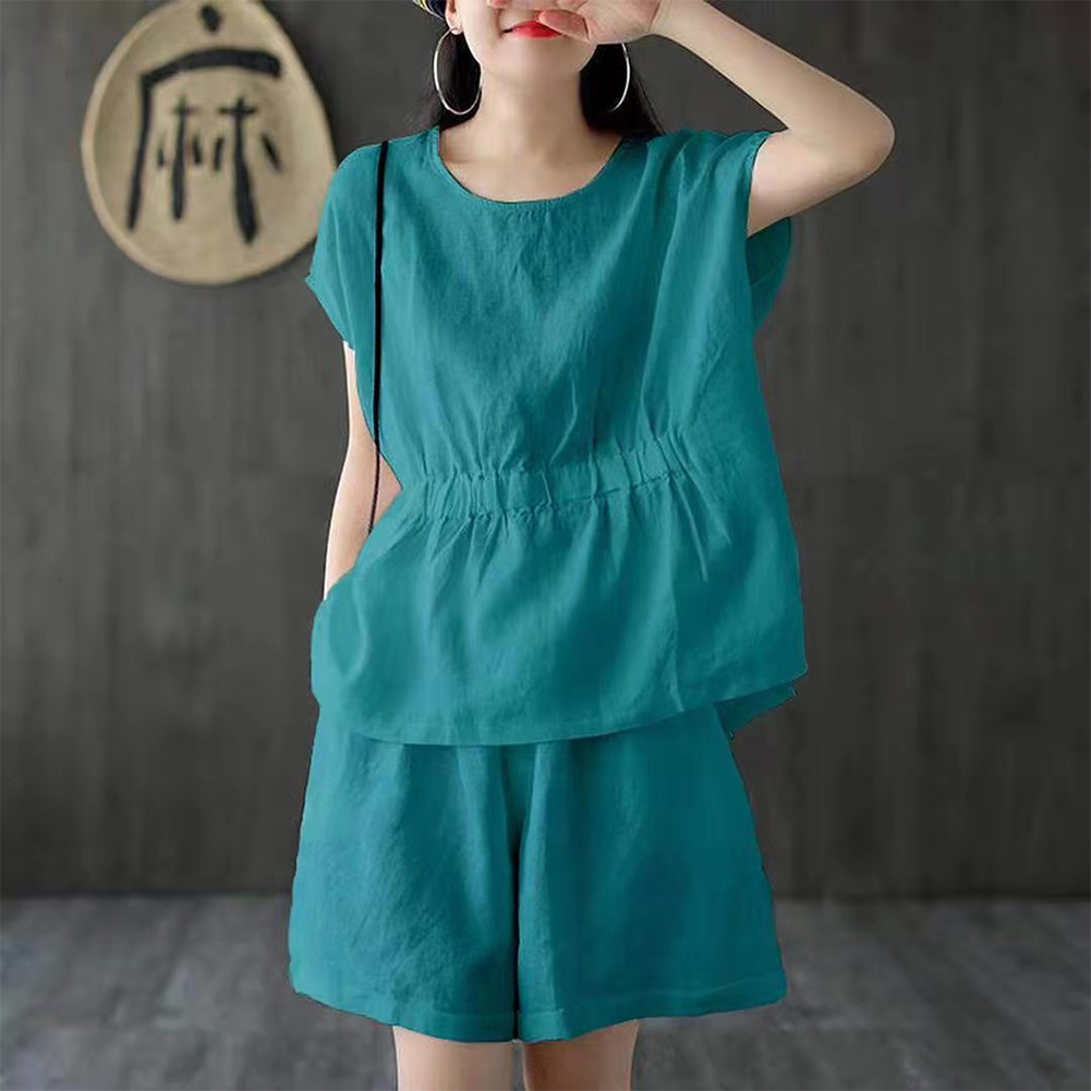 2pcs Women Fashion Cotton Linen Suit Short Sleeves Solid Color Shirt Casual Shorts Two-piece Set Royal blue L