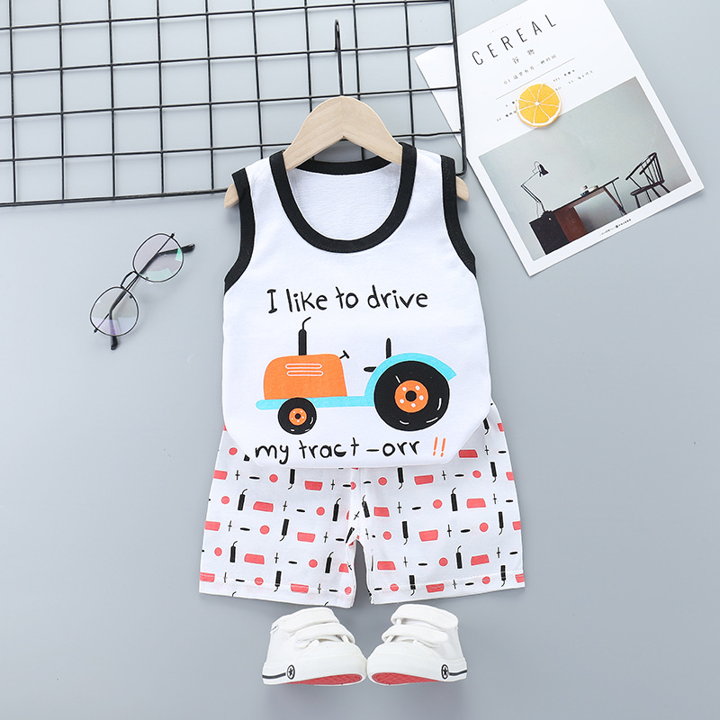 Summer Thin Pajamas For Children Cotton Cute Cartoon Printing Sleeveless Tank Tops Shorts Suit For Boys cartoon four wheels 4-5 years 2XL