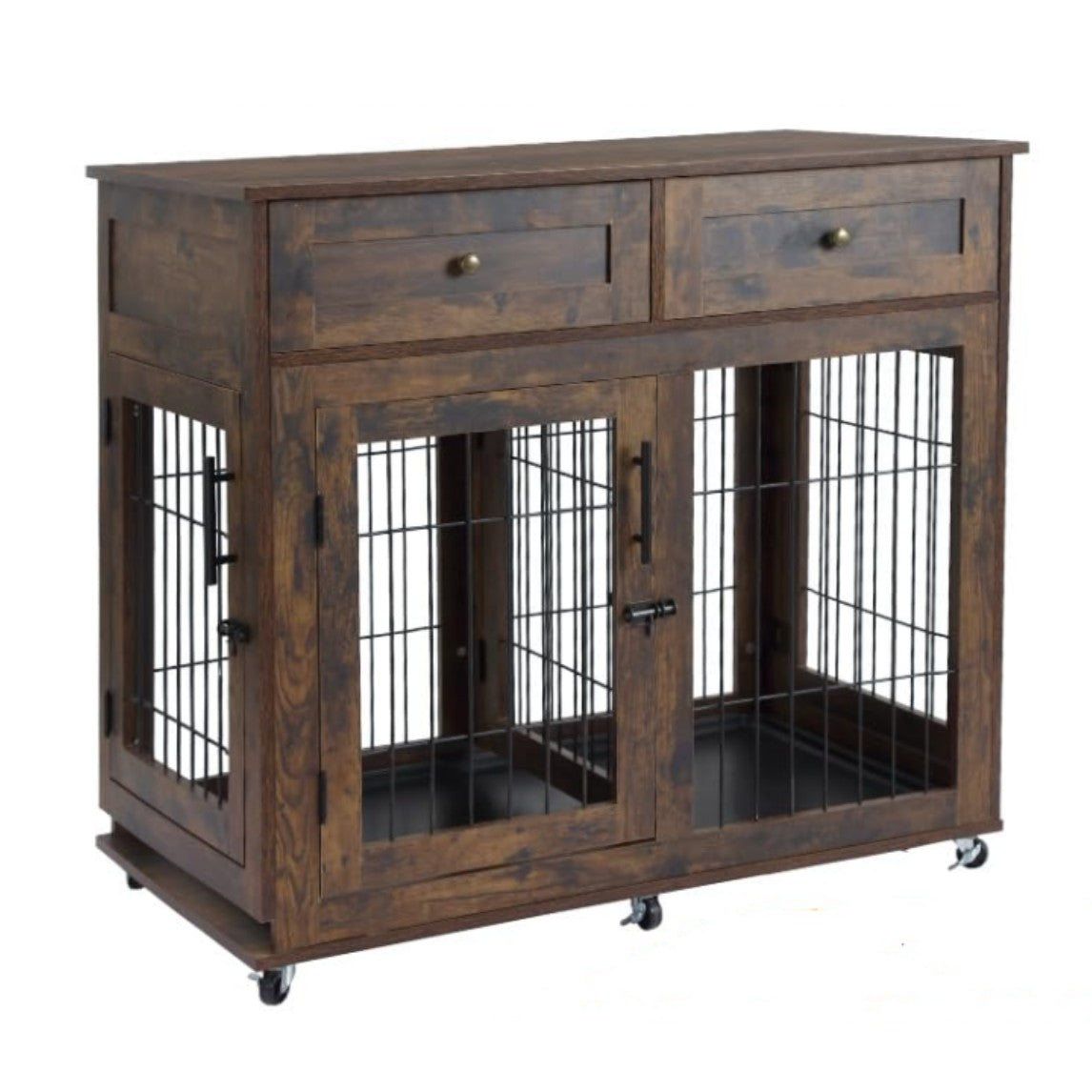 US GARVEE Dog Crate Furniture Wooden Dog Kennel with Room Divider and Tray Double Rooms Dog Cage
