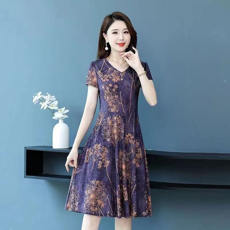 Women Short Sleeves Dress Summer Ice Silk V Neck Loose Large Size Midi Skirt High Waist Floral Printing A-line Skirt Purple M
