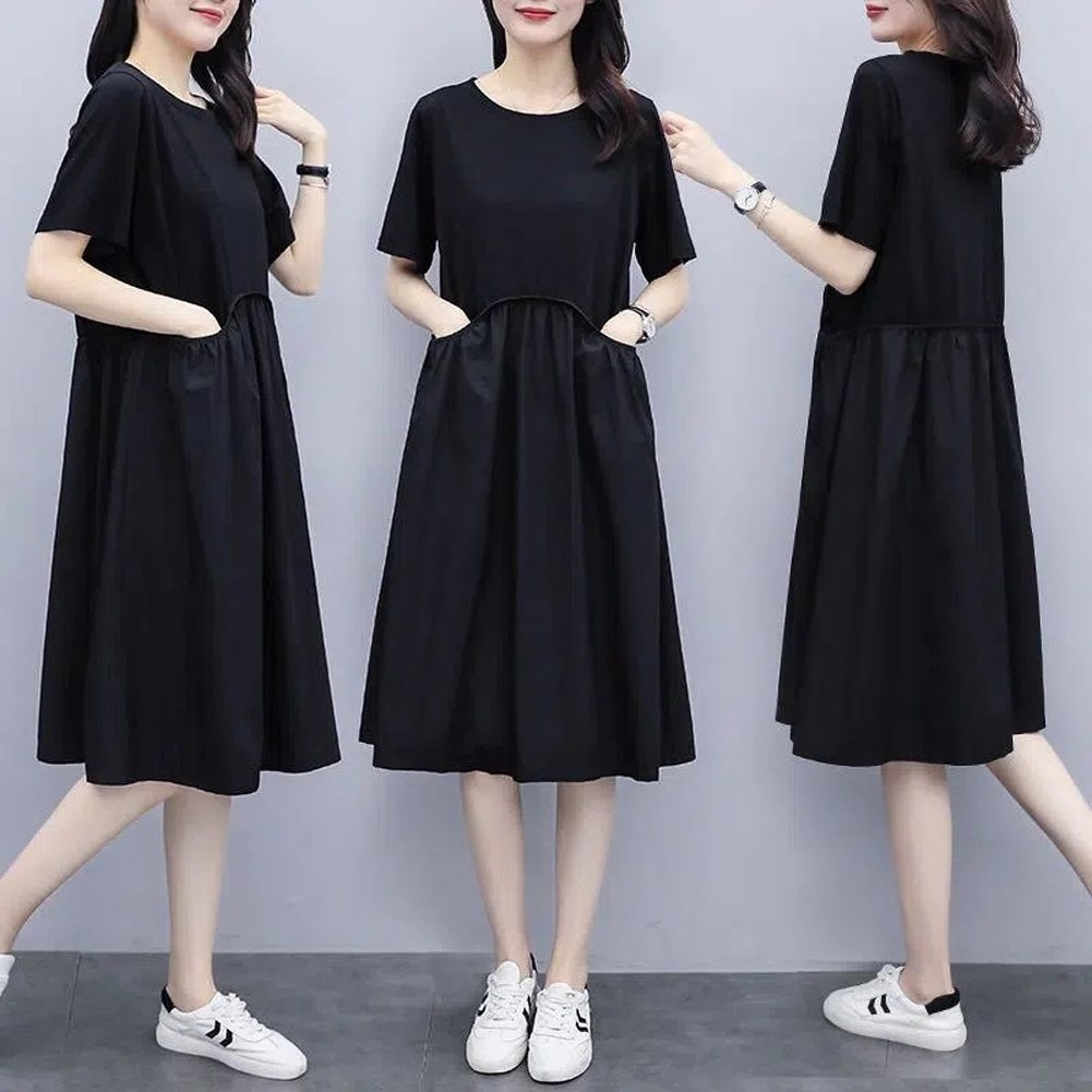 Women Short Sleeves Dress Simple Elegant Solid Color Round Neck A-line Skirt Loose Casual Dress With Pockets black L