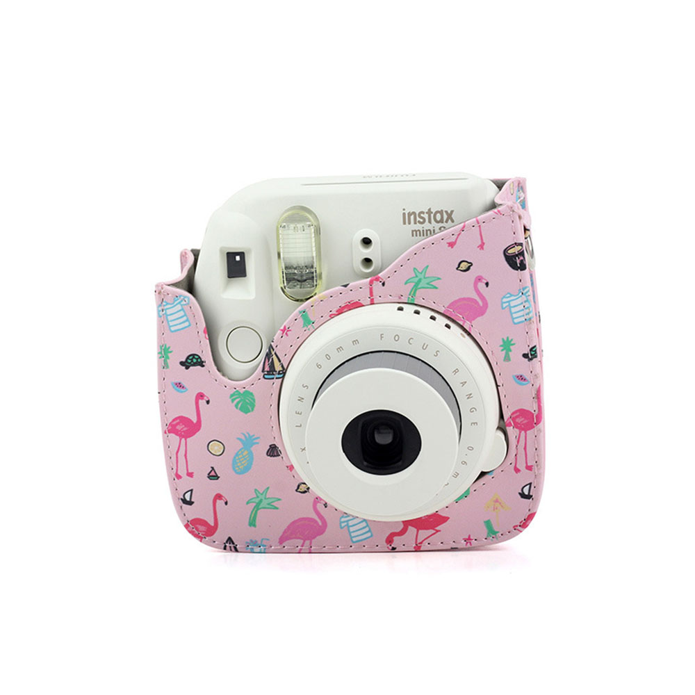 PU Leather Camera Strap with Shoulder Strap with Flamingo Printing for Mini9 Watermelon powder