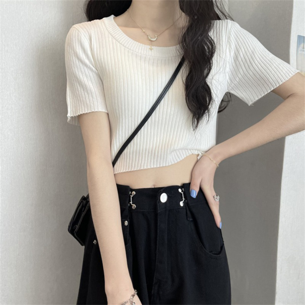 Women Short-sleeves T-shirt Summer Thin Knitted Crop Top Fashion Slim Fit Elegant Solid Color Pullover Blouse White one size