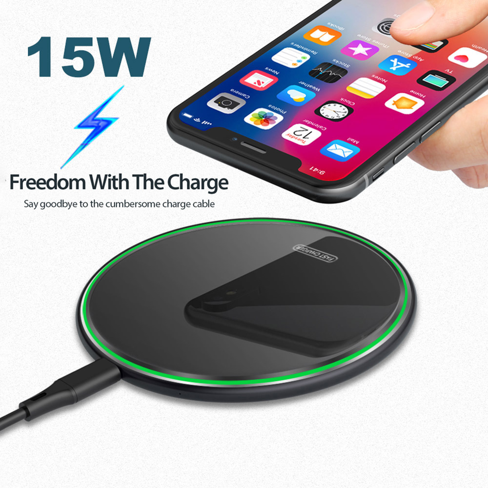 QI Wireless Charger for Apple Android 15W Fast Charging Technology Aluminum Alloy Mirror-like Shiny Ultra-thin Protable  black