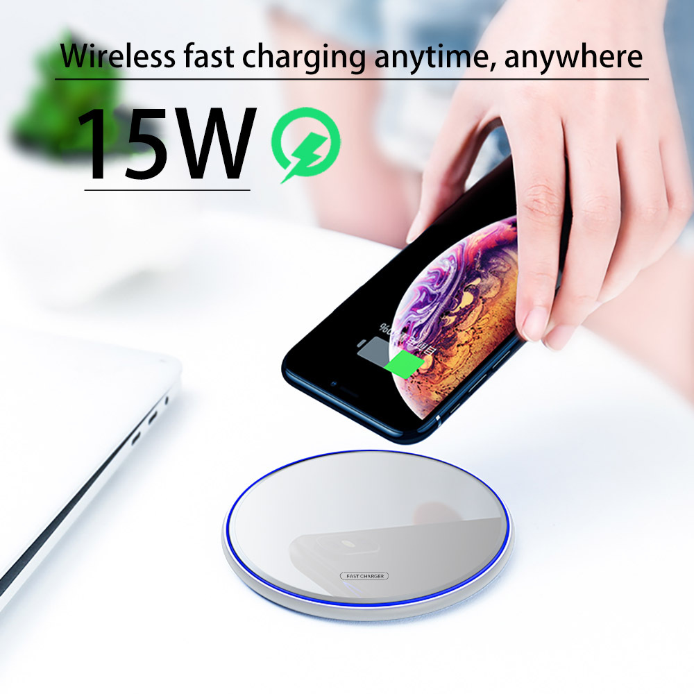QI Wireless Charger for Apple Android 15W Fast Charging Technology Aluminum Alloy Mirror-like Shiny Ultra-thin Protable  white