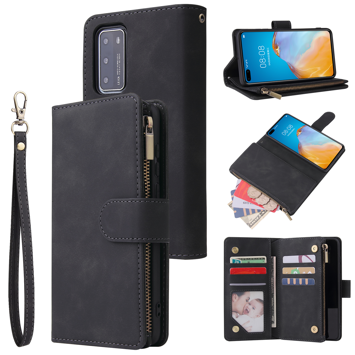For HUAWEI P40 Case Smartphone Shell Wallet Design Zipper Closure Overall Protection Cellphone Cover  1 black
