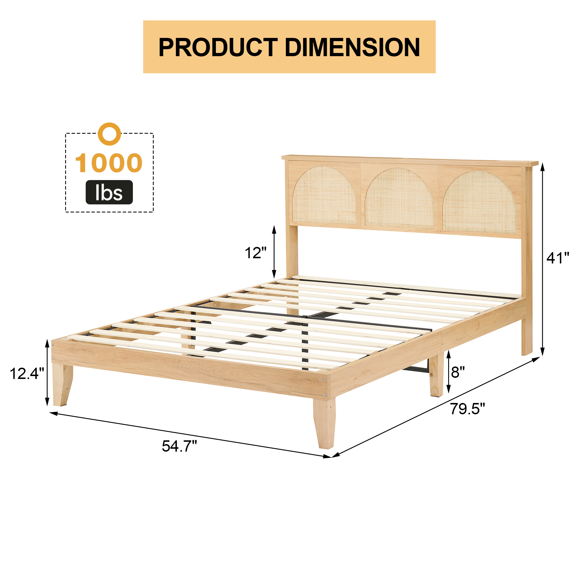 US GARVEE Full Bed Frame with Natural Rattan Headboard + LED Lights + Storage + Strong Wood Slats Support + No Box Spring Needed + Easy Assembly + Suitable for Various Bedroom Styles