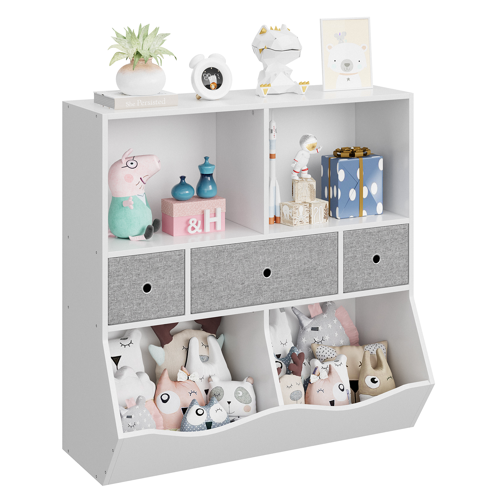 US GARVEE Kids Toy Storage Organizer with Bookcase, Kids Bookshelf, Toddler Bin Storage Unit with 7 Compartments and 3 Removable Drawers for Girls, Boys, Bedroom, Playroom, Nursery (White)