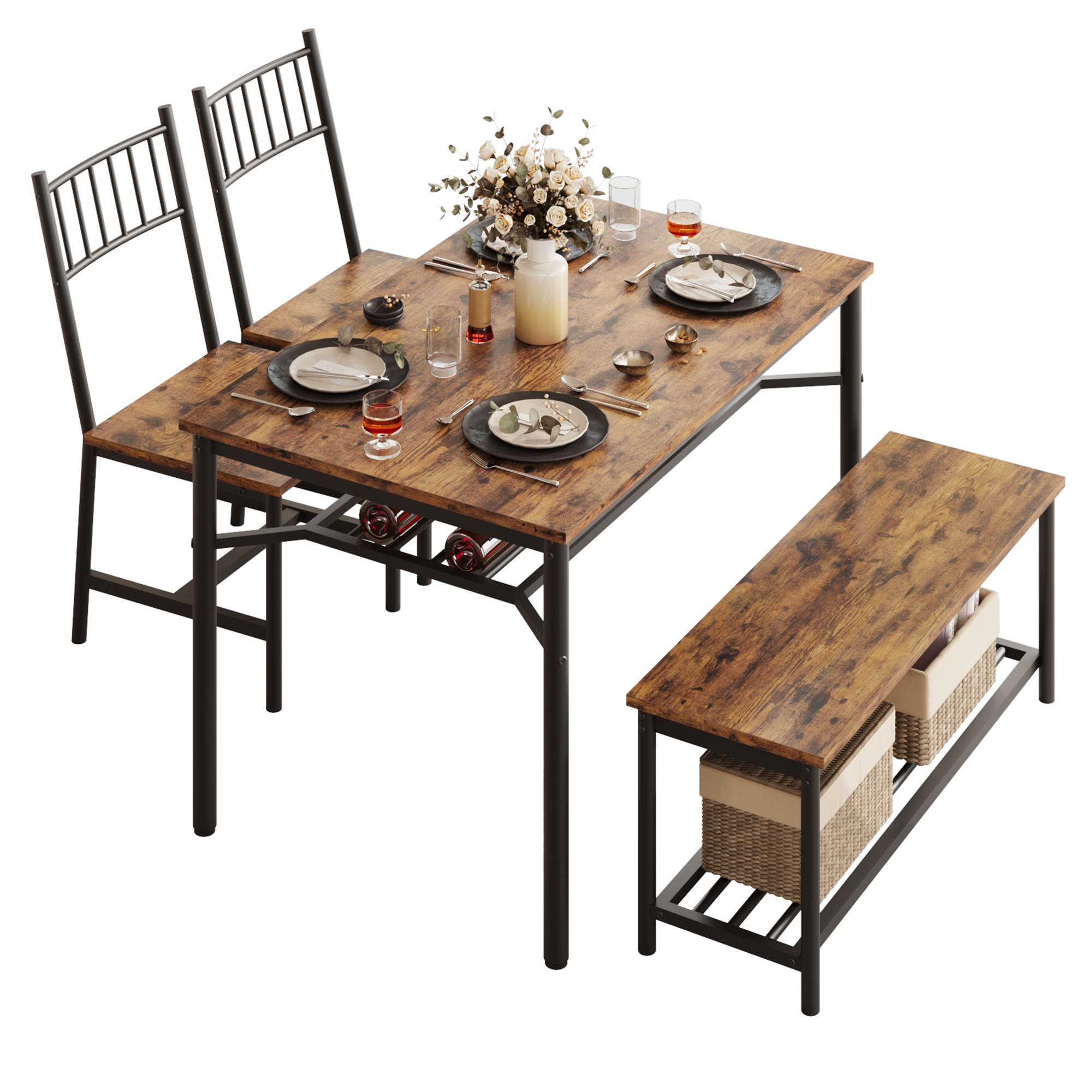 US GARVEE Dining Table Set for 4 with Wine Rack + Sturdy Bench + Space-Saving Design + Premium MDF & Steel + Adjustable Feet + Suitable for Small Spaces