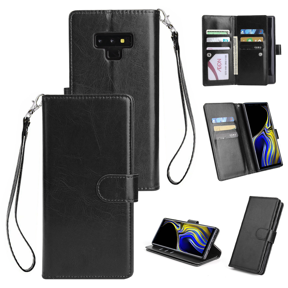 For Samsung Note 9 PU Full Protective Cover with 9 Card Slot Lanyard Bracket Buckle black