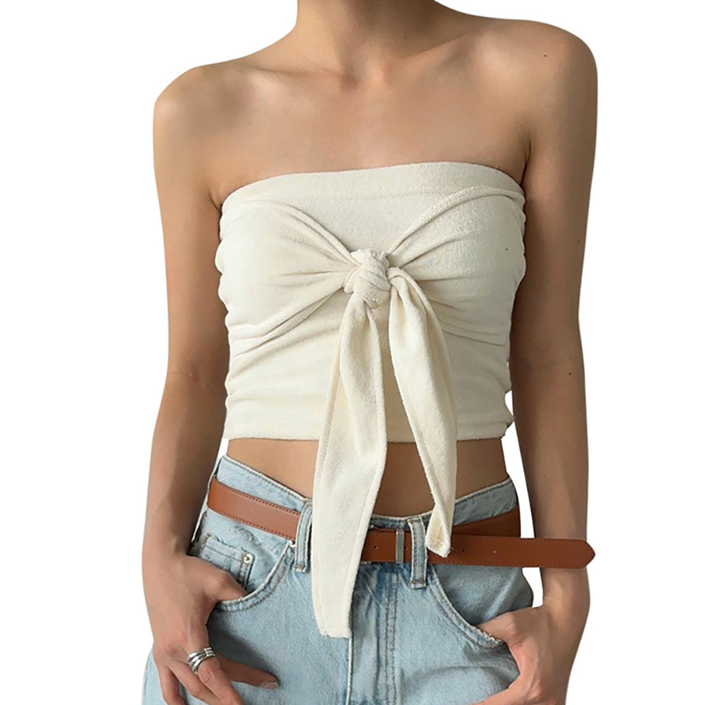 Women Sexy Front Twist Tube Top Strapless Solid Color Ruched Crop Top Sleeveless Slim Fit Tank Top light apricot M