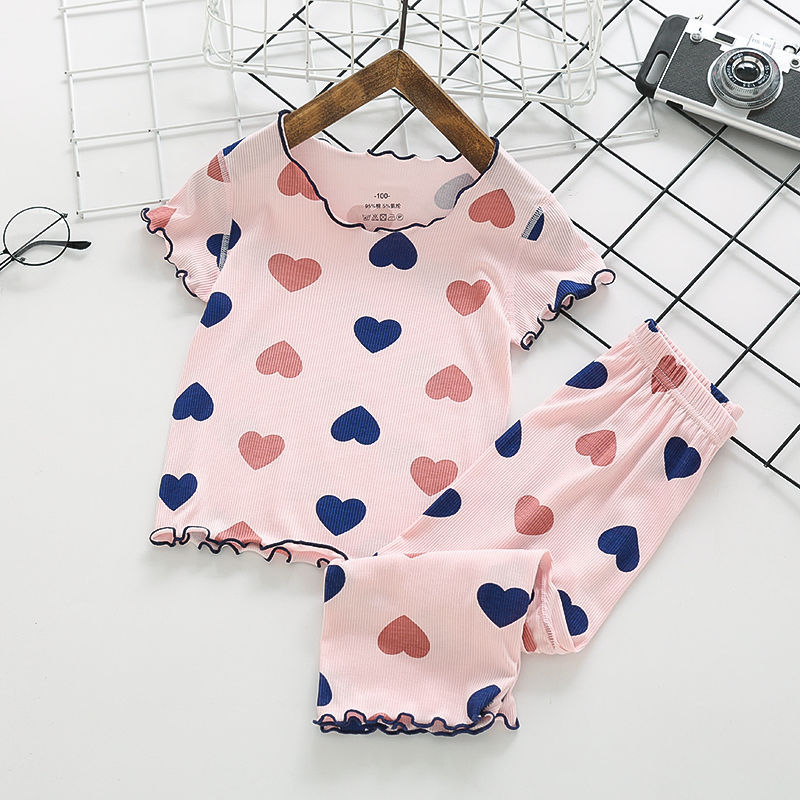 2-piece Kids Baby Pajamas Kit Short Sleeve Shirt Long Pants Summer Air-conditioning Home Clothes Sleepwear pink 11-12Y 140cm