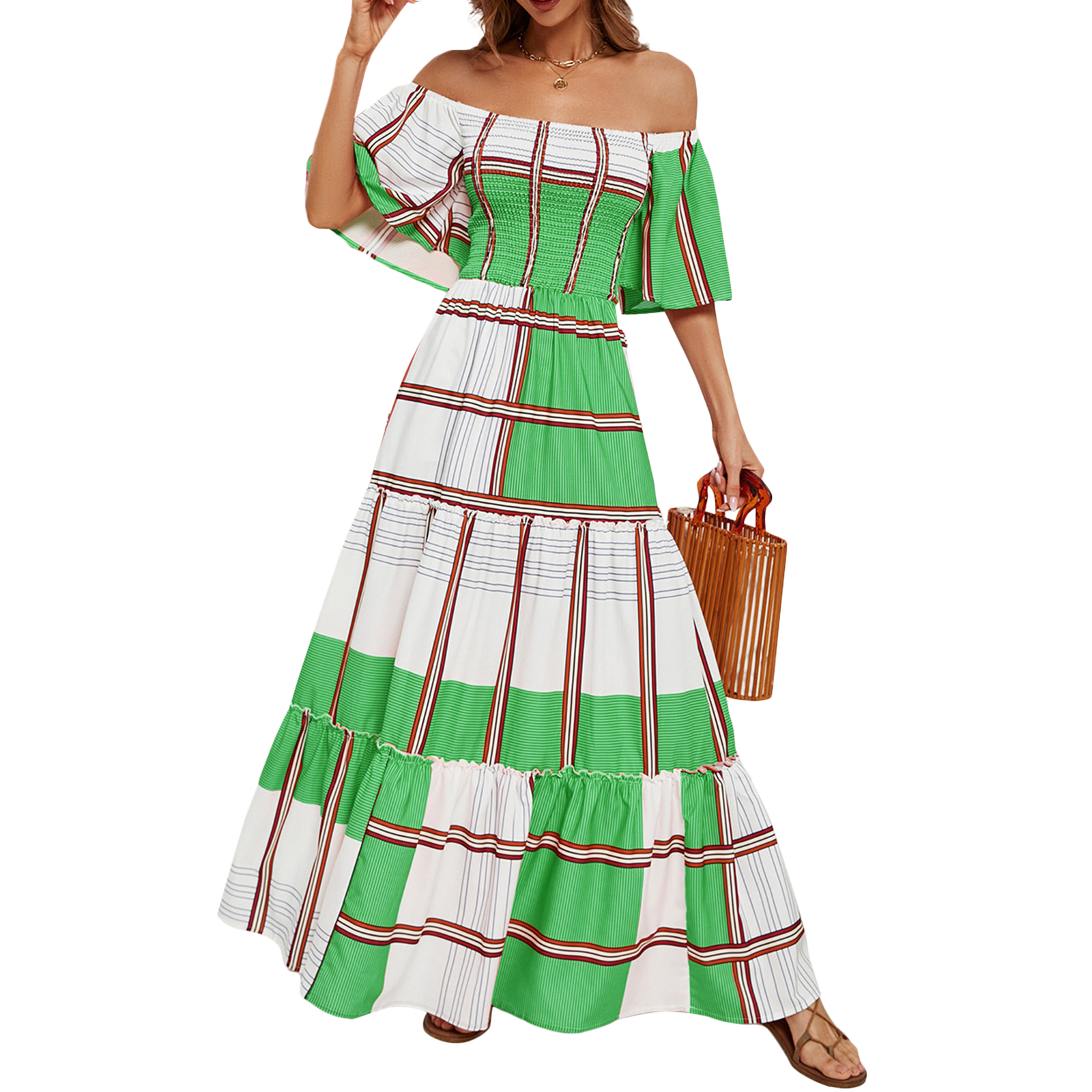 Women Sexy Off-shoulder Dress Elegant Striped Large Swing Long Skirt High Waist Ruffles Dress For Beach green stripes XL