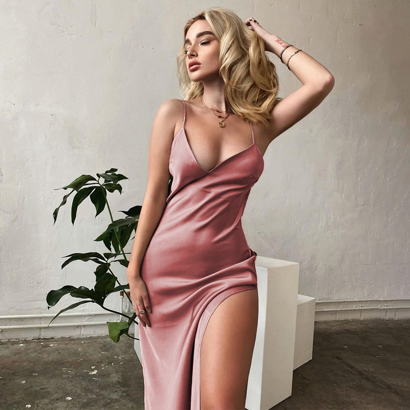 Women V-neck Sleeveless Dress Sexy Backless Split Spaghetti Strap Long Skirt Elegant Simple Solid Color Dress pink L