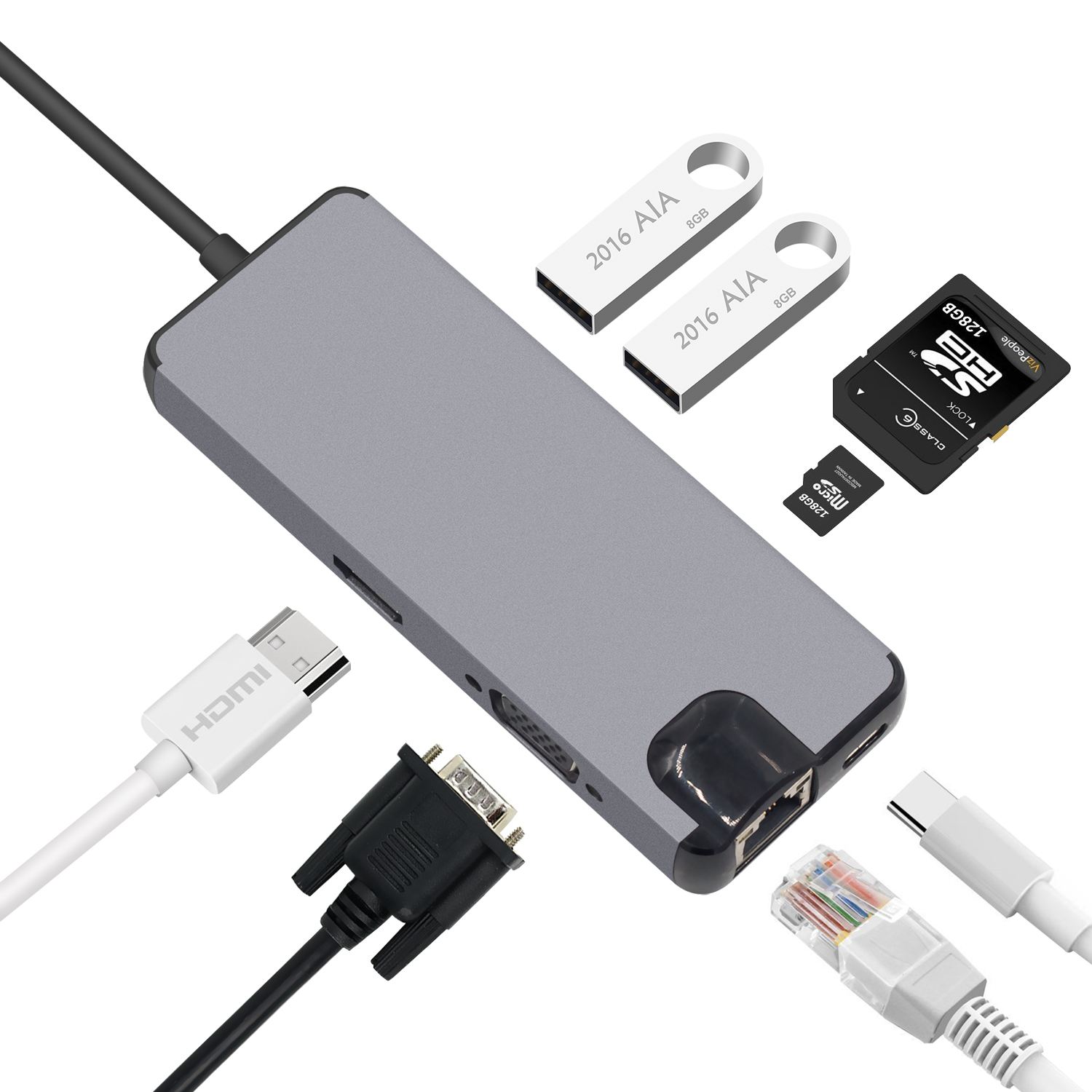 8 Port USB C Hub HDMI VGA Ethernet Lan RJ45 Adapter for Mac Book Pro Type C Hub Card Reader 2 USB 3.0 gray