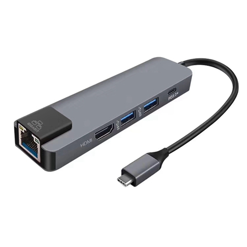 5-in-1 USB Type-C Hub 4K HDMI USB3.0 Gigabit Ethernet RJ45 Lan Adapter USB C Hub for MacBook Pro Chromebook Laptops gray