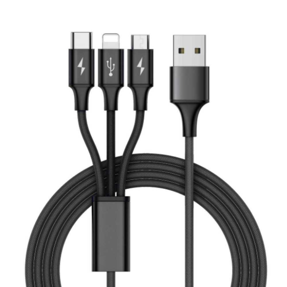 Fast USB Charging Cable Universal 3 in 1 Multi Function Cell Phone Cord Charger  black