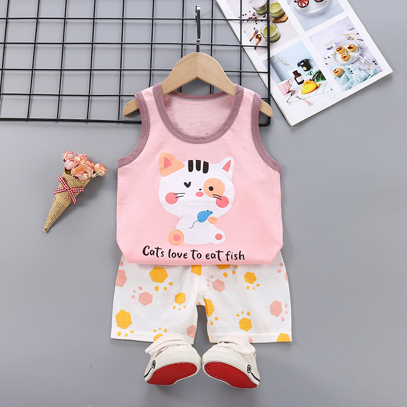 Summer Thin Pajamas For Children Cotton Cute Cartoon Printing Sleeveless Tank Tops Shorts Suit For Boys light pink kitten 4-5 years 2XL