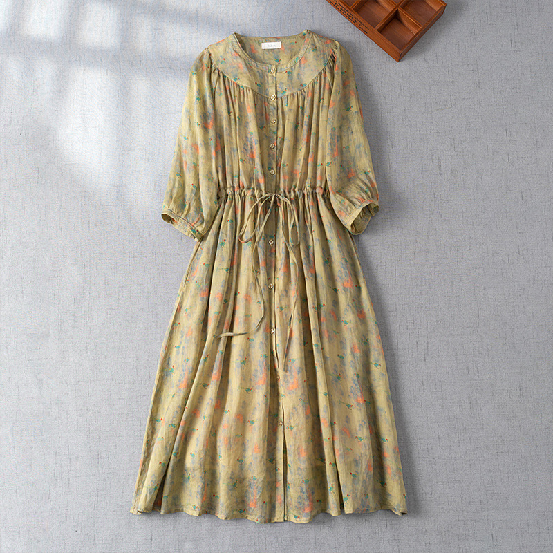 Summer Round Neck Dress For Women Elegant Floral Printing Linen Long Skirt Trendy High Waist Lace-up Dress yellow L