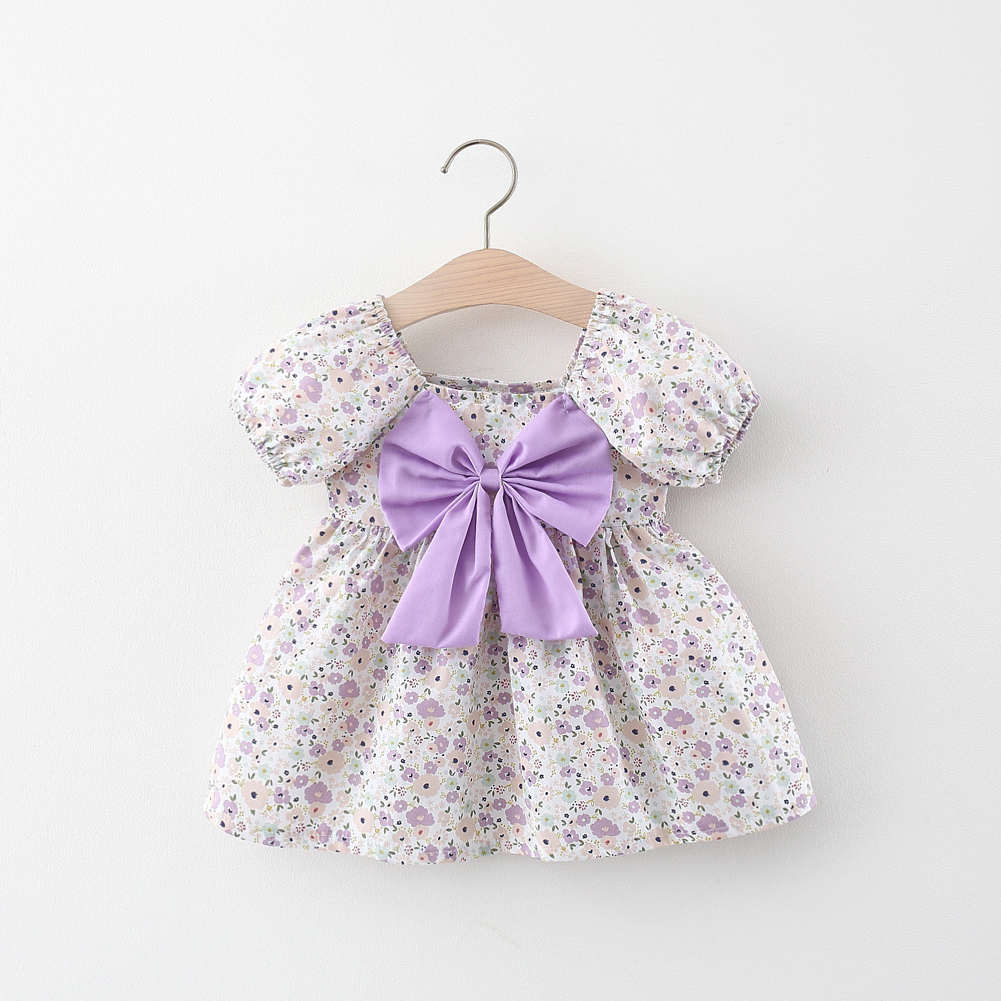 Summer Princess Dress For Girls Short Sleeves Sweet Floral Printing With Bowknot Dress For 0-4 Years Old Kids Purple 0-1Y 73CM