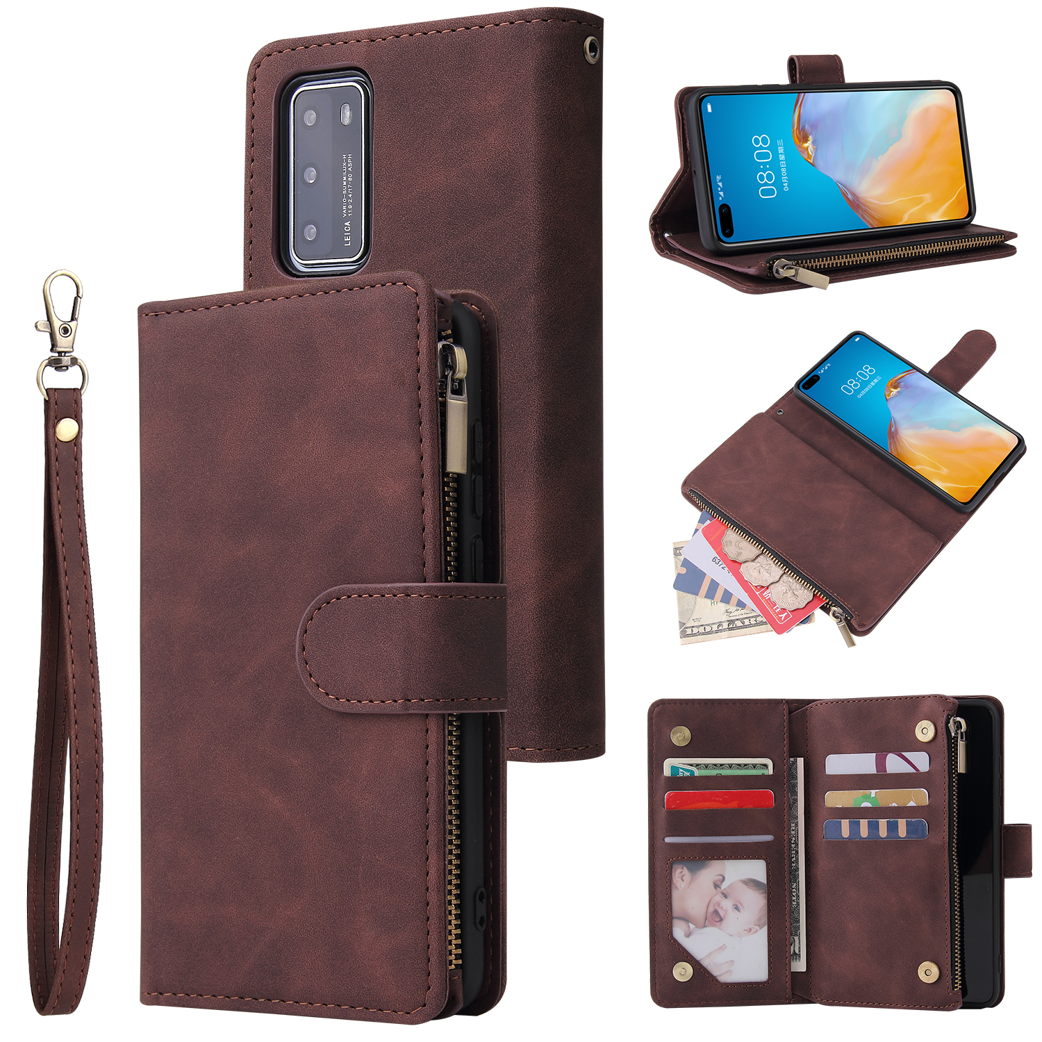 For HUAWEI P40 Case Smartphone Shell Wallet Design Zipper Closure Overall Protection Cellphone Cover  3 brown