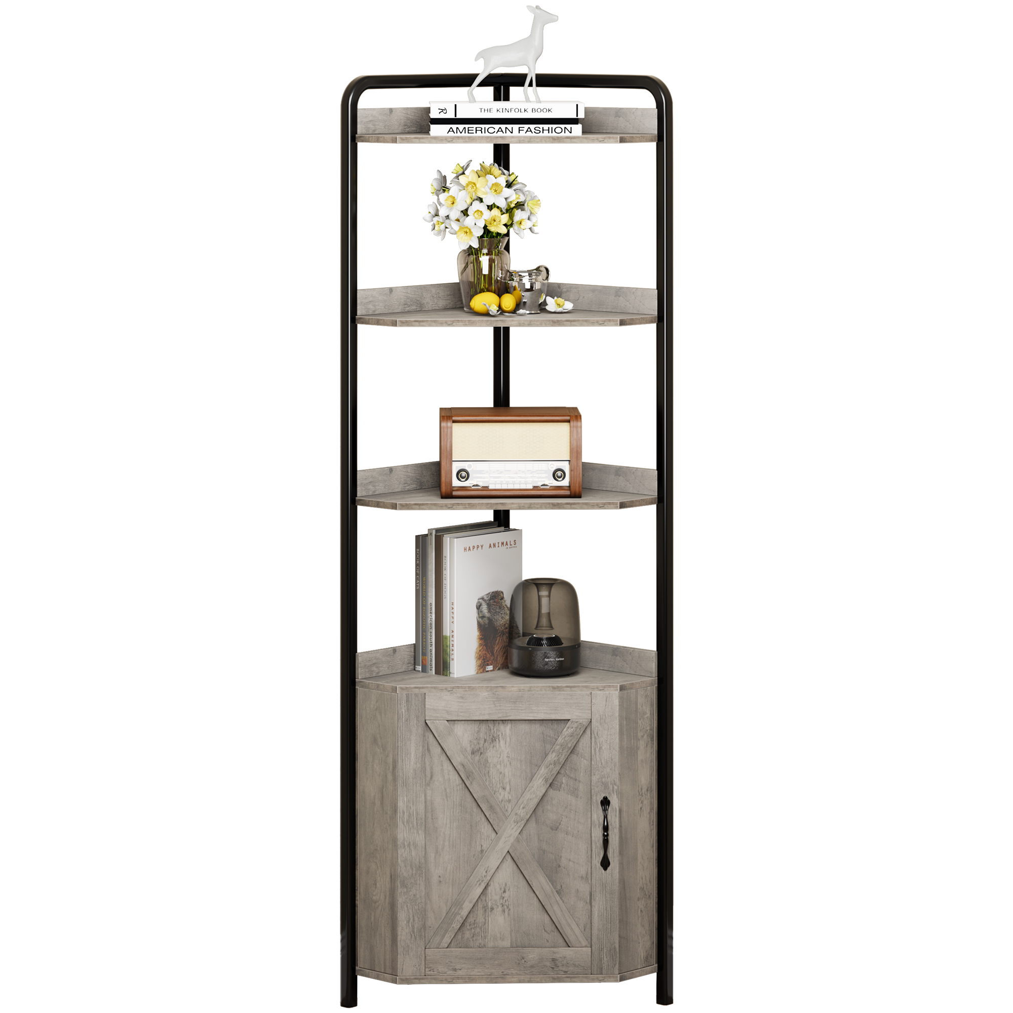 US GARVEE Grey Corner Cabinet with Storage, 5 Tiers 70.9 Inches Corner Canbiet with Door, Farmhouse Freestanding Corner Bookshelf with Protective Fence, Tall Corner Display Shelf for Kitchen, Living Room