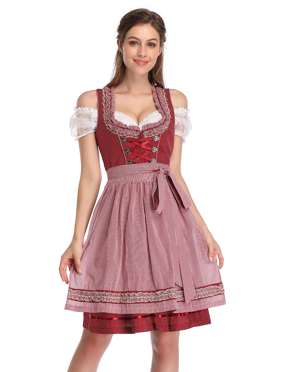 EU KOJOOIN Women's Vintage 3-Piece Oktoberfest Embroidery Dirndl Dress Burgundy Polka Dot 34