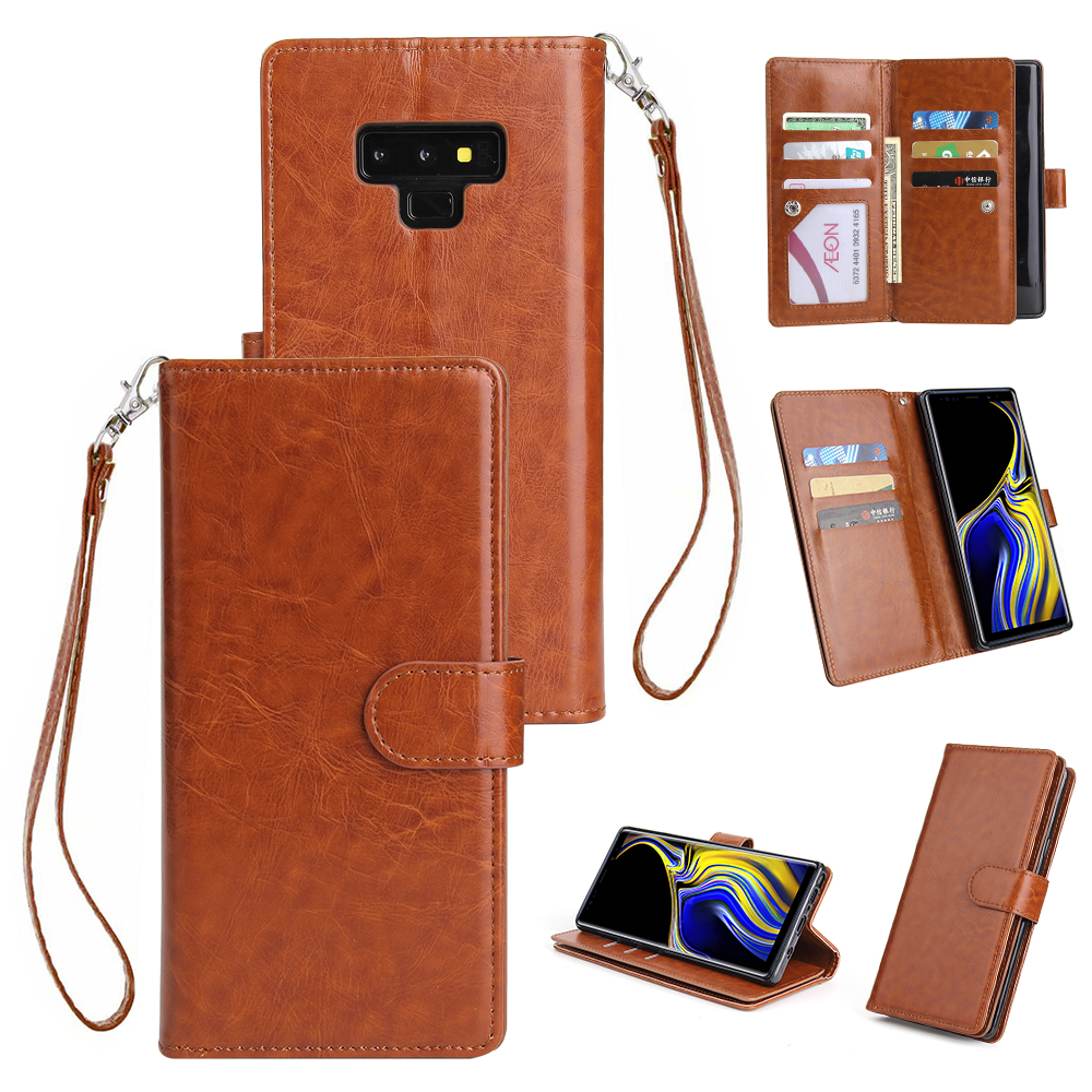 For Samsung Note 9 PU Full Protective Cover with 9 Card Slot Lanyard Bracket Buckle brown