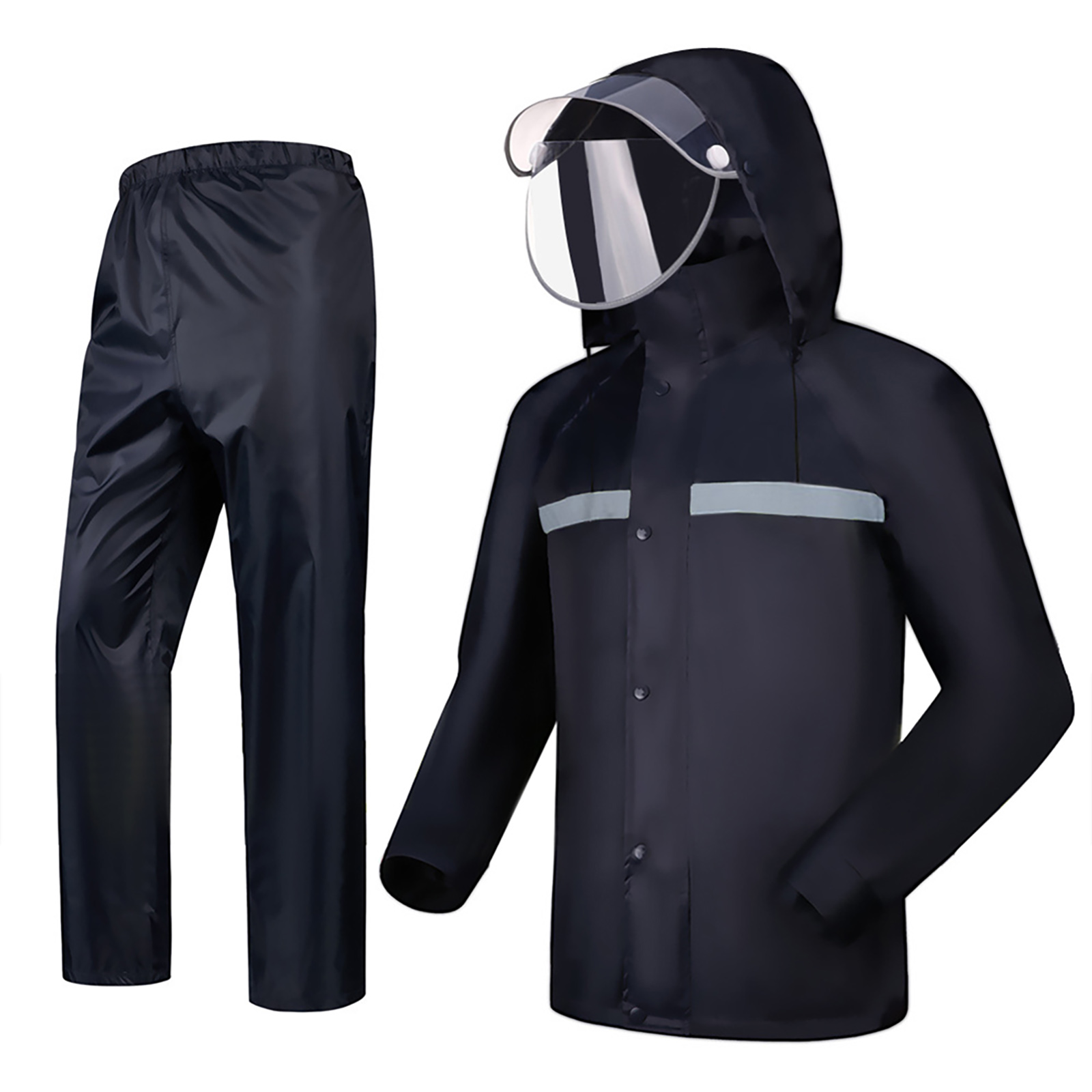 2 Pieces Split Raincoat Long Sleeve Drawstring Cap Raincoat Top With Reflective Tape Pockets Long Rain Pants For Camping Hiking D XL