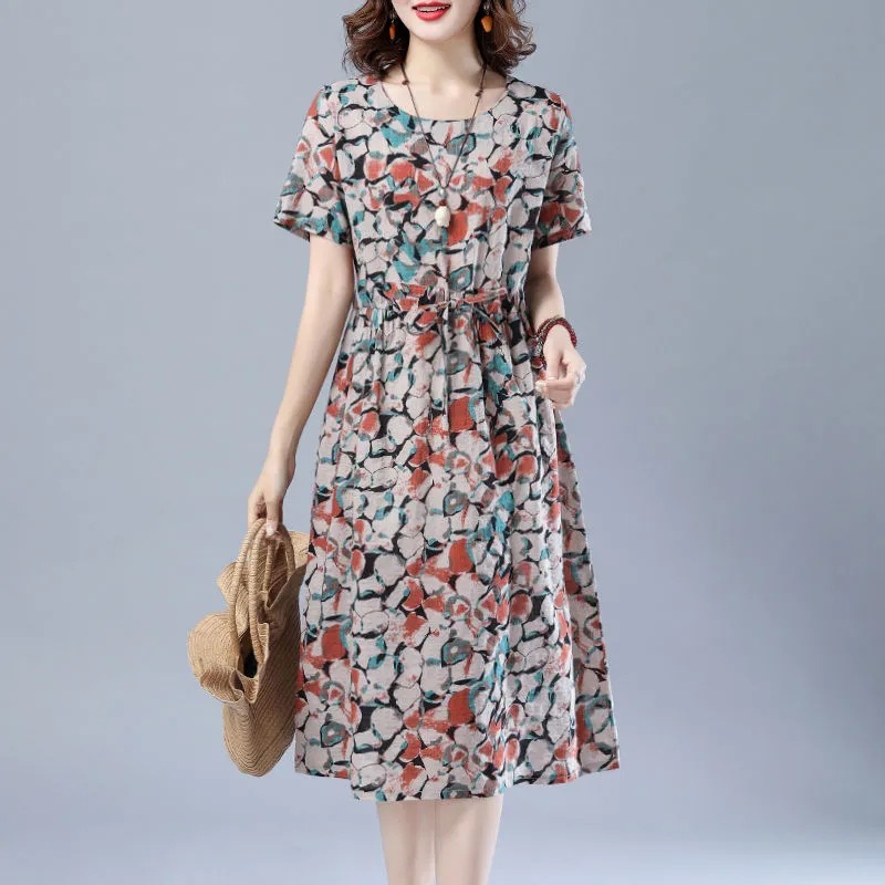 Women Short Sleeves Dress Fashion Floral Printing Mid-length Skirt Loose Round Neck Pullover A-line Skirt red 4XL