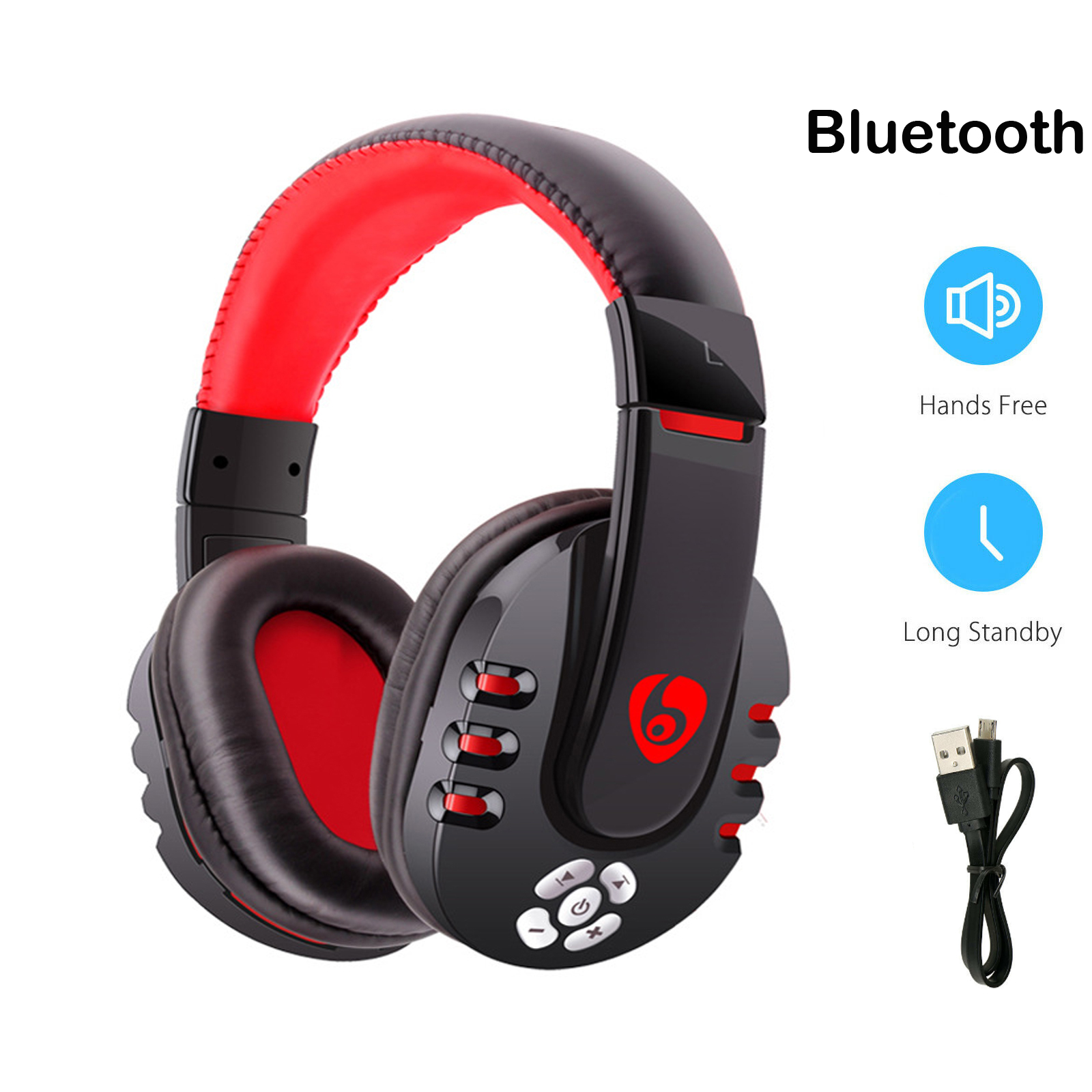 V8-1 Bluetooth-compatible  Gaming  Headset Built-in Microphone Rechargeable Lithium Battery Wireless Earphone Headphone For Phones Tablet Pc Mp3 Black red