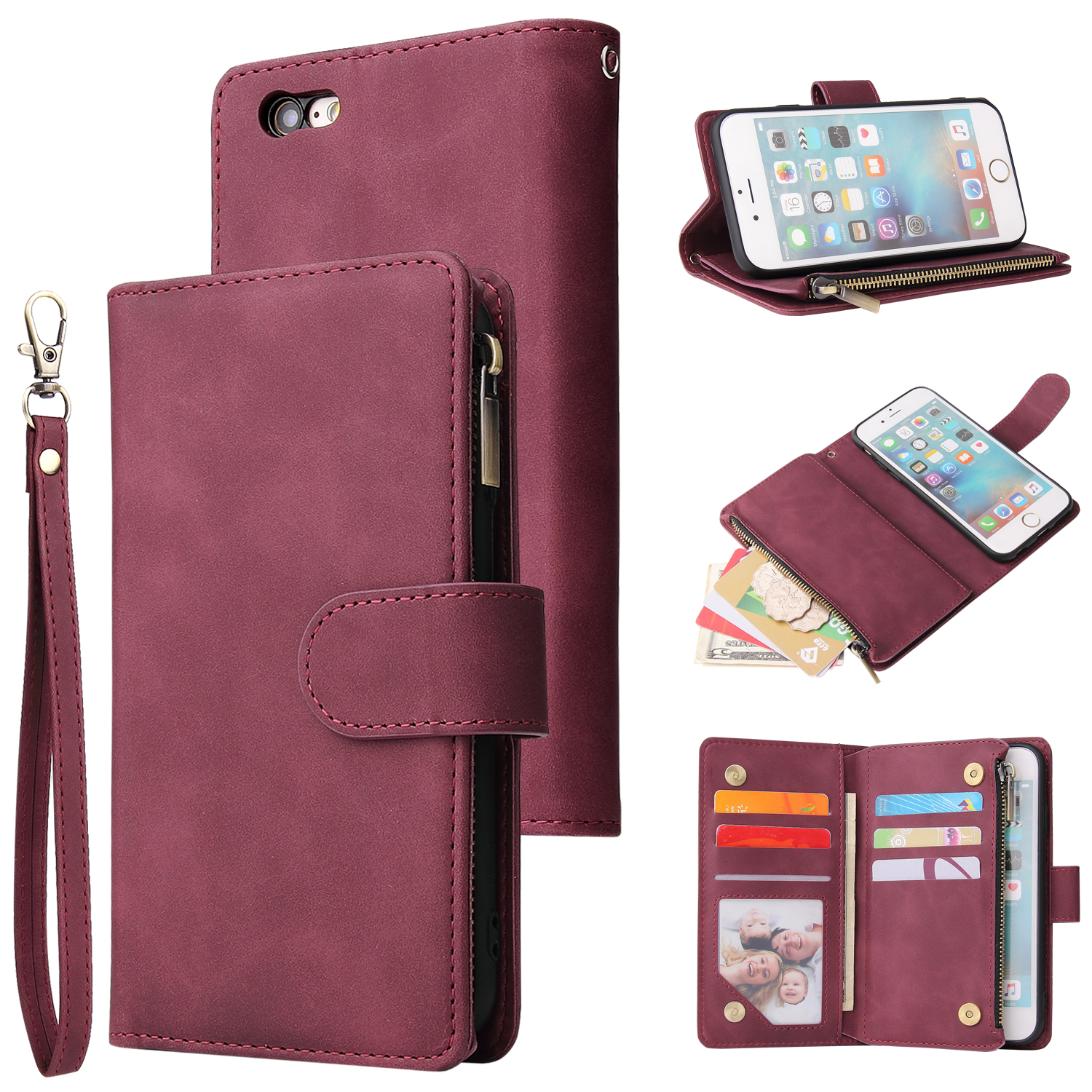 For iPhone 6 / 6S iPhone 6 plus / 6S plus iPhone 7 / 8 iPhone 7 plus / 8 plus Smart Phone Cover Coin Pocket with Cards Bracket Zipper Phone PU Leather Case Phone Cover  iPhone 6 plus / 6S plus