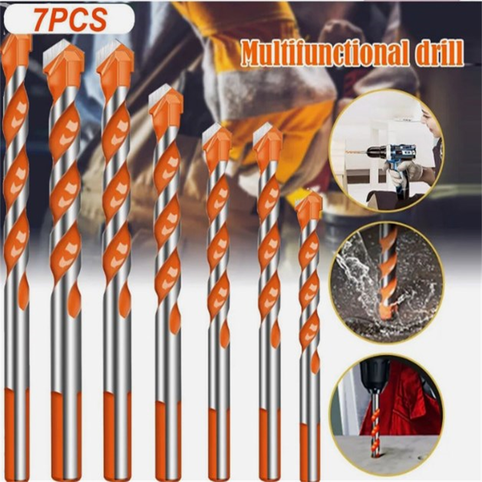 1/8 Inch-1/2 Inch Cross Hex Tile Drill Bits Set Smooth U-shaped Spiral Alloy Triangle Bit Woodworking Tool Kit For Masonry Ceramic Tile Glass Brick (7Pcs) 7pcs orange bit